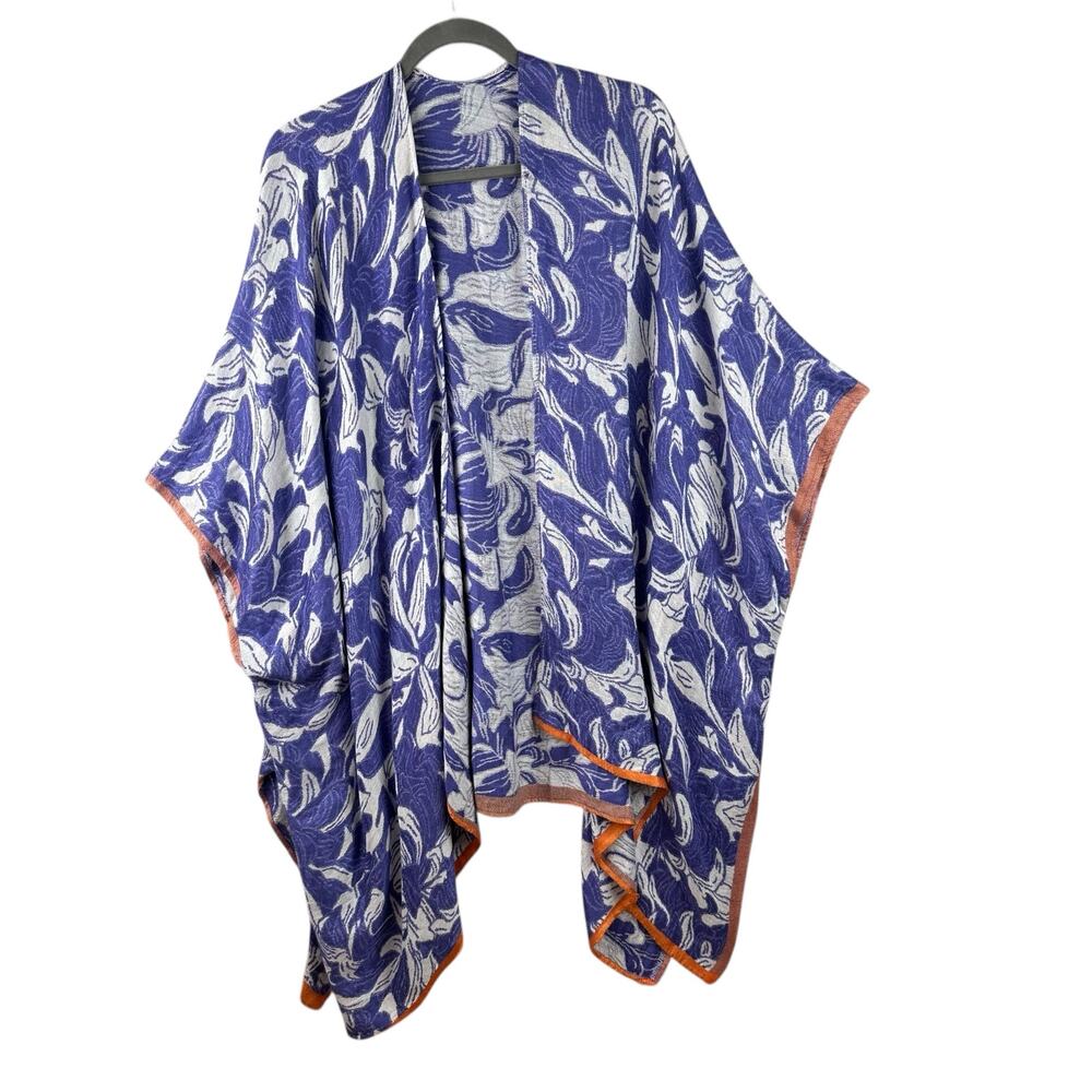 Kimono Cardigan Wrap Boho Abstract Floral Print OS Blue White w/ Orange Trim